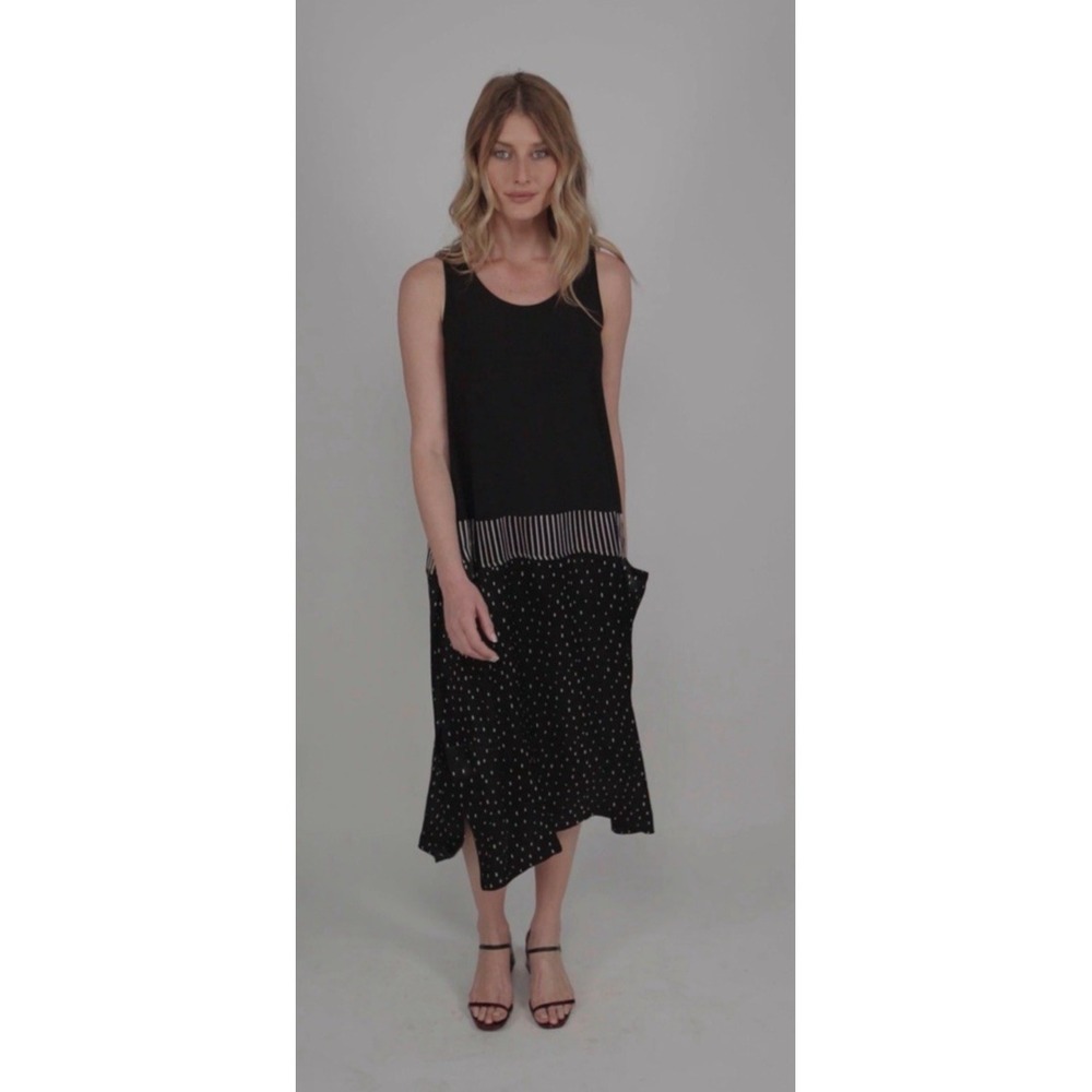 Black Sleeveless Midi Dress with Striped Waist and Polka Dot Skirt